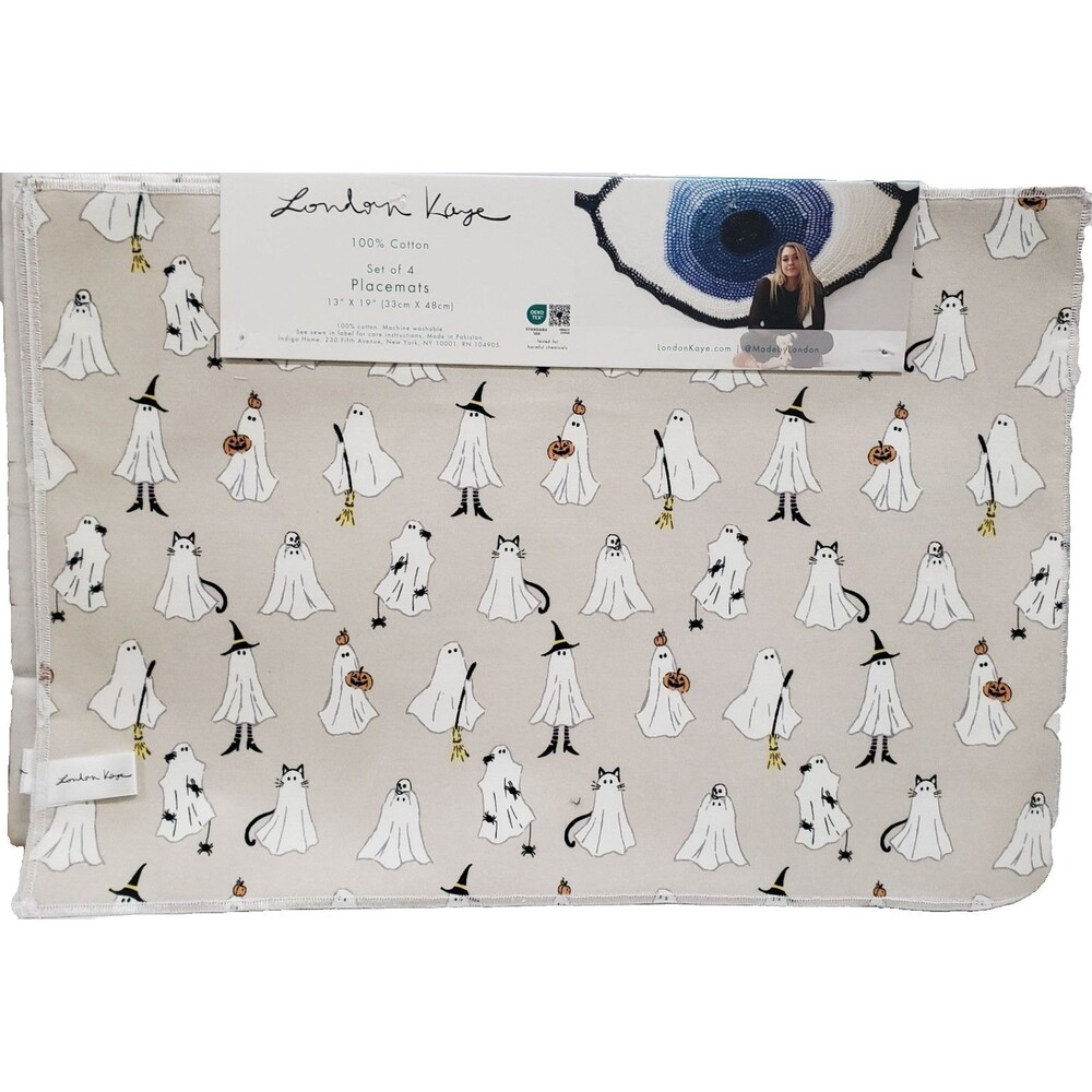 Set of 4 Same Printed Cotton Fabric Placemats (13"x19") HALLOWEEN GHOSTS, IH